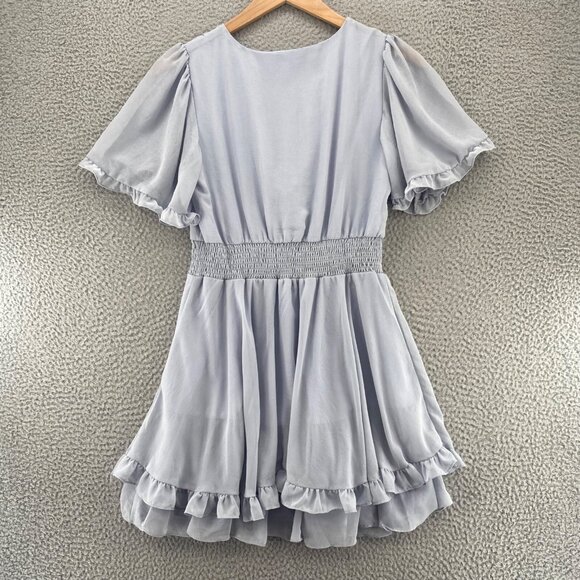 She + Sky Dress Womens Medium Blue Puff Sleeve Ruffle Smocked Cut Out Tie Front - Picture 3 of 11